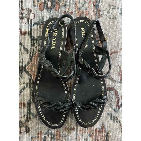 Prada Patent Leather Braided Accents Slingback Sandals Size 41.5